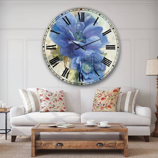 Designart Blue Handpainted Anemone Flower Wall Clock